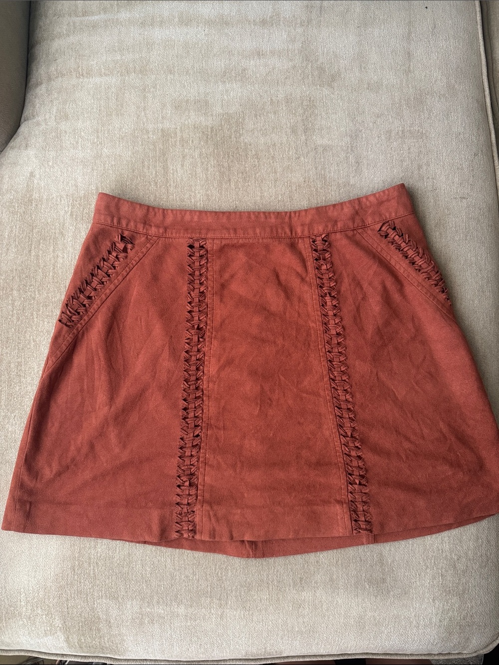 Gianni Bini Rust Terracotta A-Line Mini Skirt Woven Trim Size L